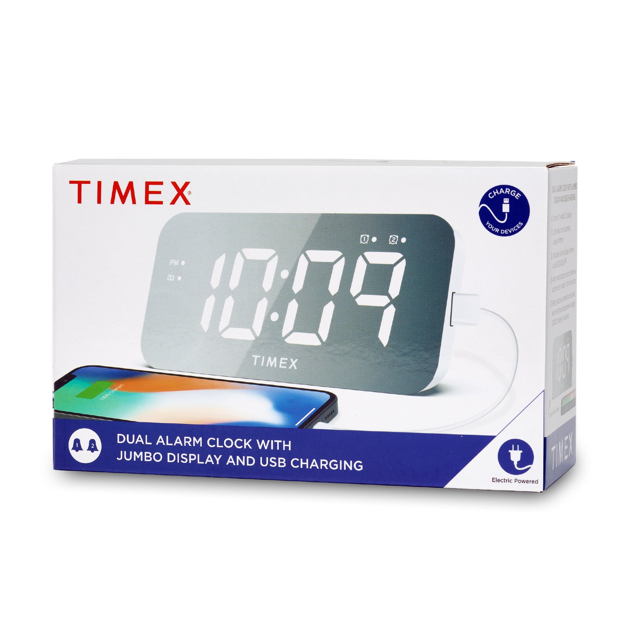 Timex Alarm Clock with USB Charger and Large Display - White (T1320W) - ihomedotcom