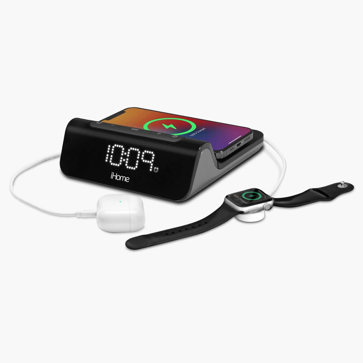 Triple Charge Alarm Clock with Wireless Charging plus USB-A & USB-C Ch