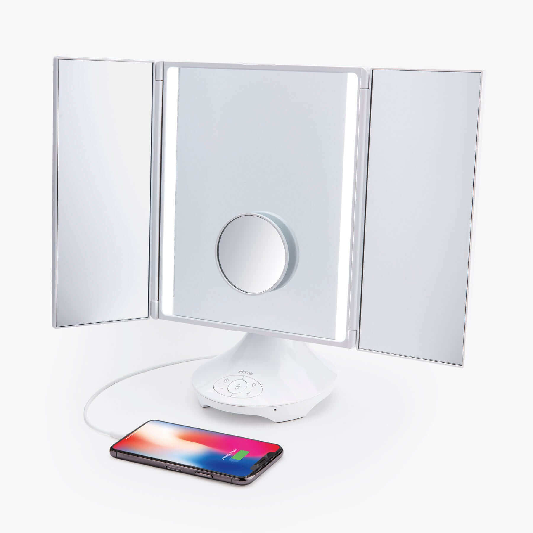 Vanity Mirror with Lights and Bluetooth Speaker, Trifold Mirror with USB Charging (iCVBT4) - ihomedotcom