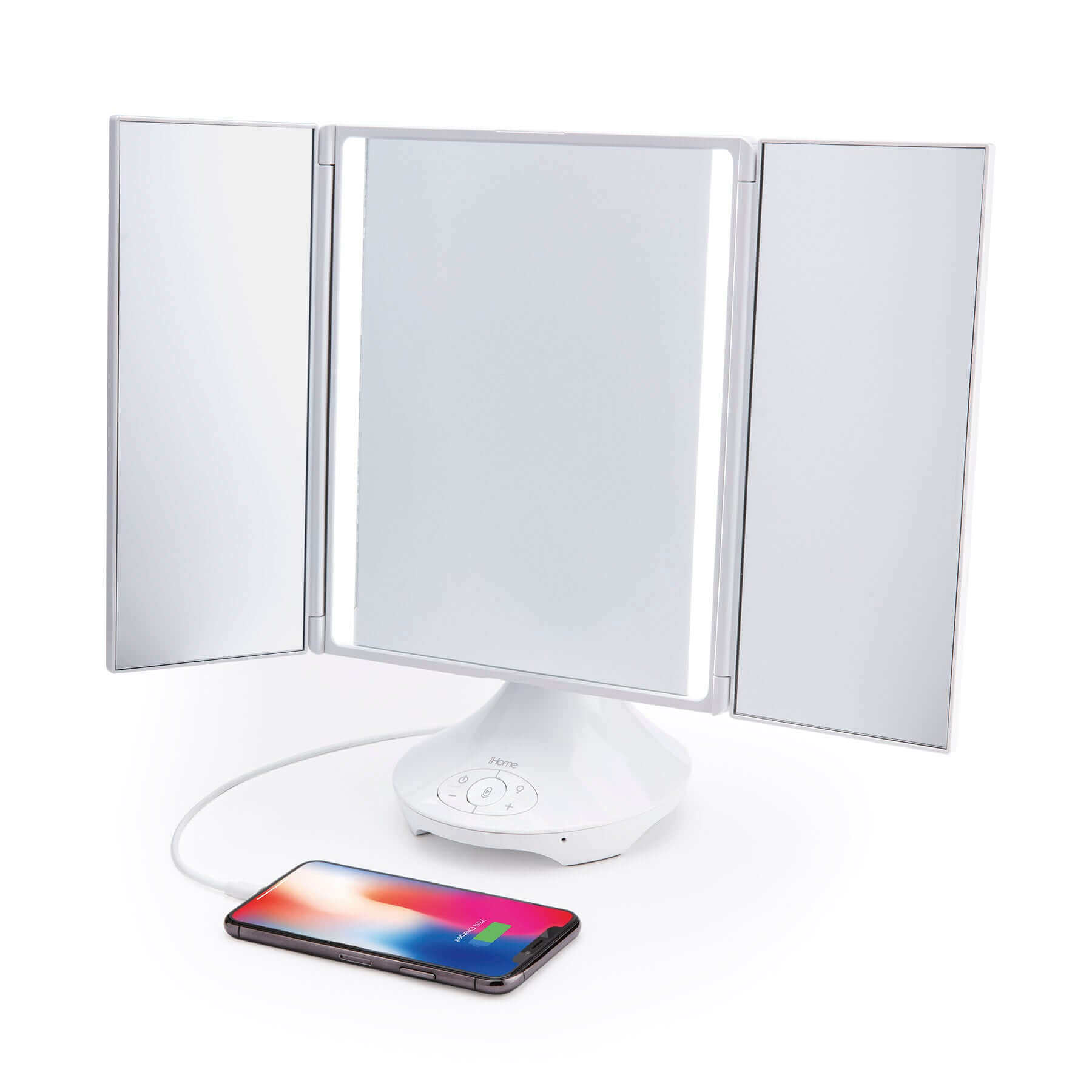 Vanity Mirror with Lights and Wireless Speaker, Trifold Mirror with USB Charging (iCVBT40) - ihomedotcom