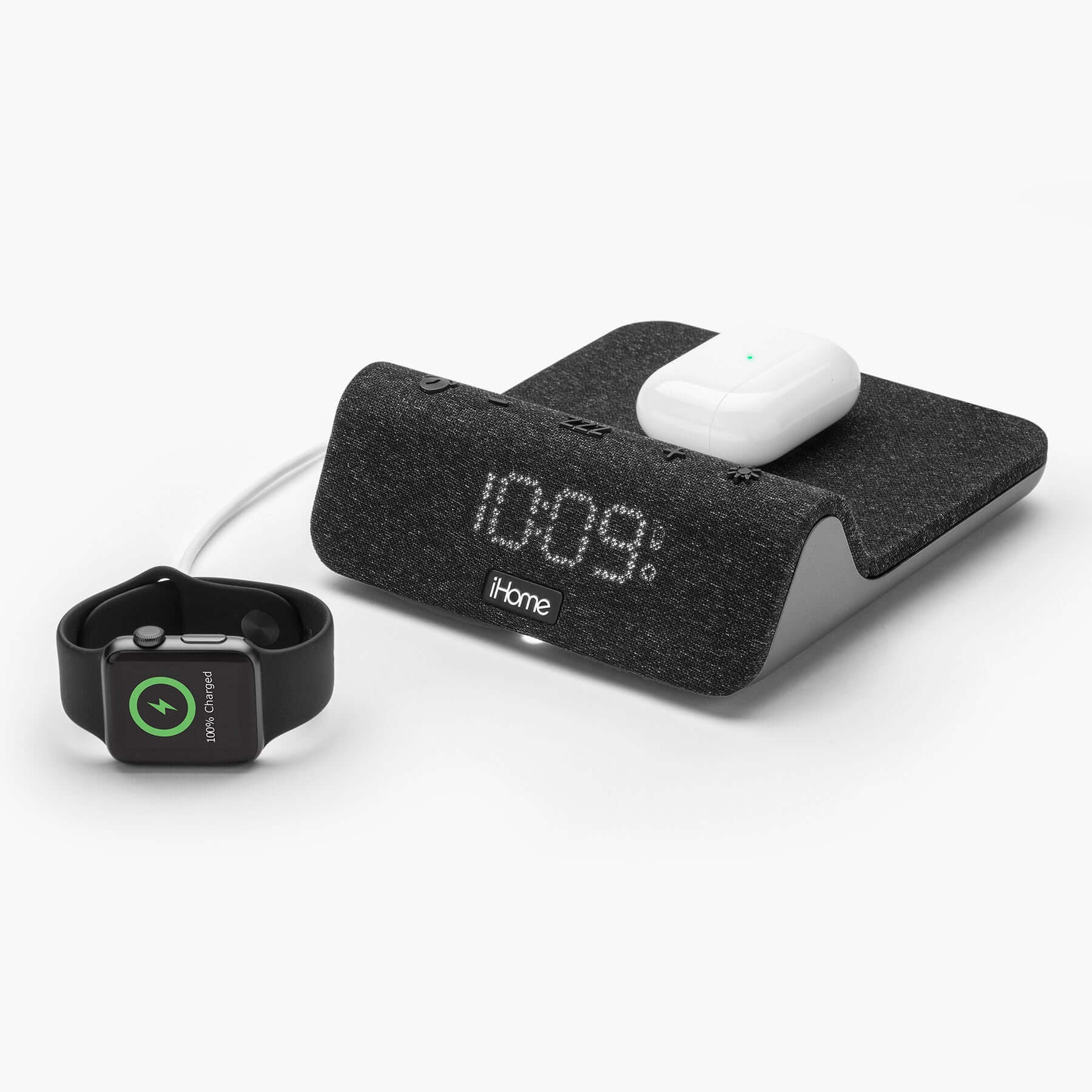 Wireless Charger with Alarm Clock, Night Light, and USB Charging (iW30BGOL) - ihomedotcom