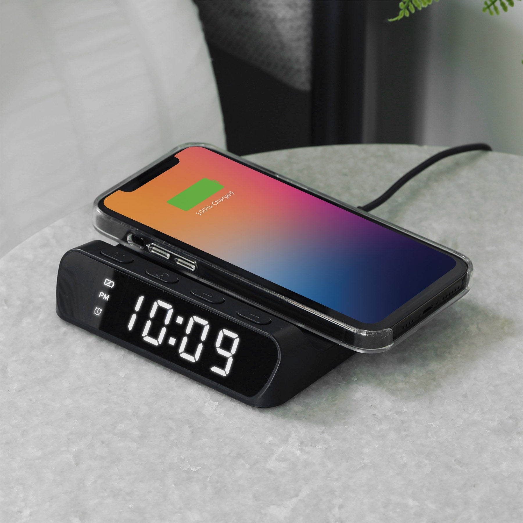 Digital Alarm Clock With Wireless Charger & Thermometer, For Bedroom/Office, USB-C