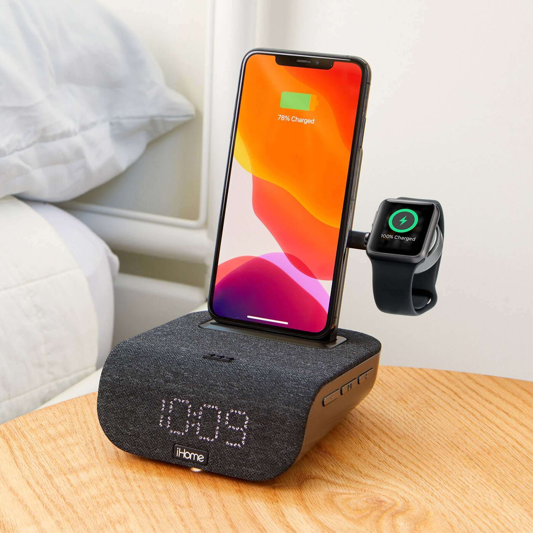 Wireless Charging Station with Apple Watch Charger, Bluetooth Alarm Clock and USB Charging (iWBTW200) - ihomedotcom