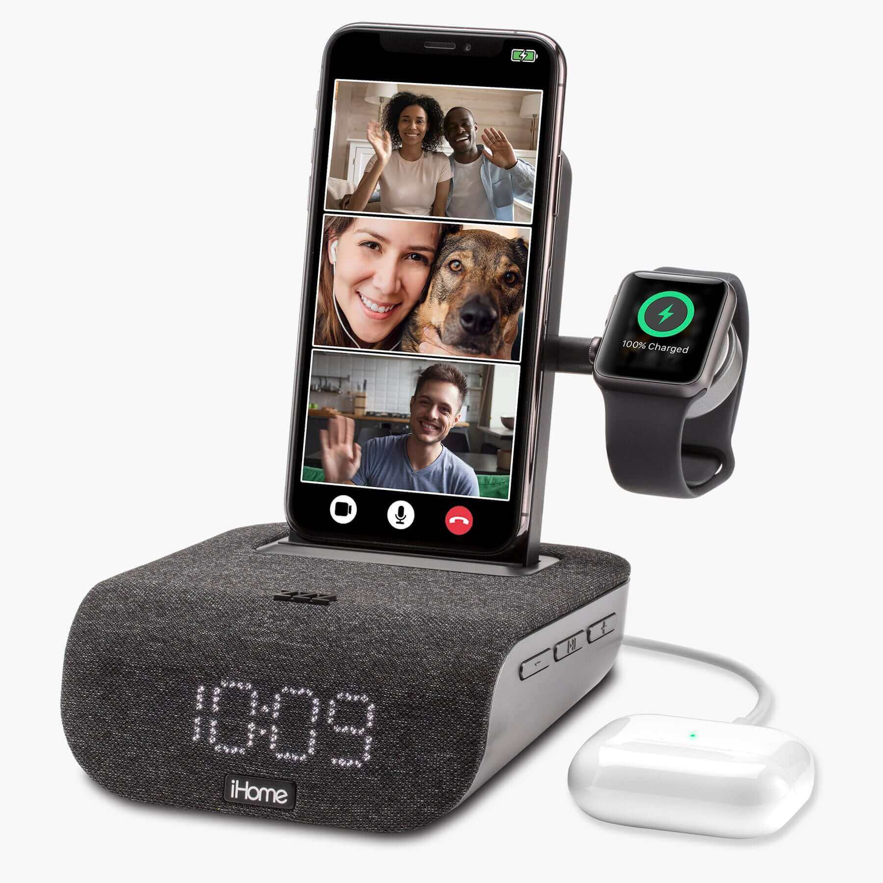 Wireless Charging Station with Apple Watch Charger, Bluetooth Alarm Clock and USB Charging (iWBTW200) - ihomedotcom