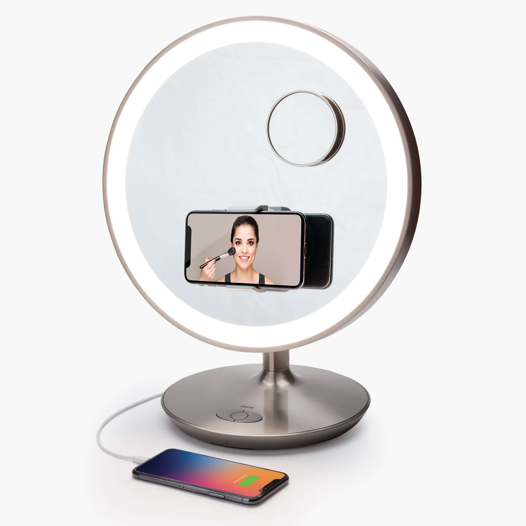 Vanity Mirror with Lights and Bluetooth Speaker, Magnifying Mirror, and Phone Mount (iCVBT12) - ihomedotcom